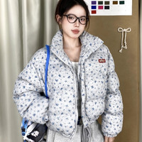 薇靡雅(WEIMIYA)2024女冬设计感棉服小碎花满印立领短款棉衣宽松加厚保暖外套 灰色 M