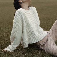 薇靡雅(WEIMIYA)春秋圆领麻花套头毛衣女宽松外穿短款小个子打底衫女 2228米白 均码