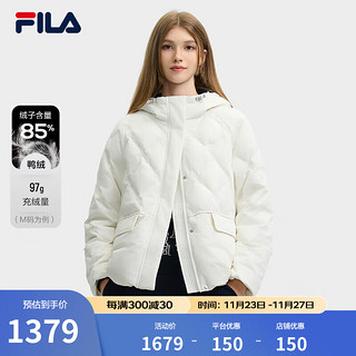 FILA 斐乐 官方女士羽绒服2024冬季新款时尚休闲简约宽松连帽外套 云菇白-WT 160/80A/S