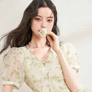 西遇法式碎花连衣裙女2024年夏季温柔甜美芭蕾风粉色仙女裙 绿色 M