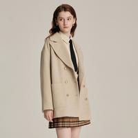 Eland衣恋毛呢外套女合身版型微落肩双排扣大衣外套