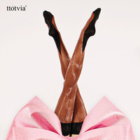 ttotviaR369欧美玻璃丝袜性感复古无弹力尼龙撞色美脚长筒吊带袜