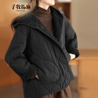 子牧棉麻2024冬装 女内里保暖外套时尚连帽加厚棉服保暖棉衣3735 黑色 M(95-110斤)