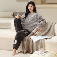 洁丽雅睡衣秋冬款女款珊瑚绒加绒法兰绒冬天女士套装甜系透气家居服冬季 【长袖长裤】灰色格纹黑色裤套装 L【建议95-115斤】