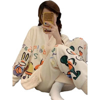 诗莉奥 冬季加厚珊瑚绒甜美长袖加绒大码保暖可外穿家居服套装 小星-套装 L (建议90-120斤)