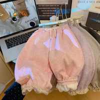 小还美冬季女童加绒加厚裤子纯色花边韩版卫裤女宝奥粒绒休闲童裤 PS粉色加绒款 110cm