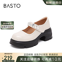 BASTO 百思图 24秋复古学院风玛丽珍鞋粗高跟女单鞋BP883CQ4 米色 36