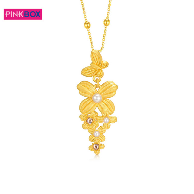 PINKBOX 娉饰珠宝繁花黄金吊坠女 足金999镶嵌珍珠花蕊挂坠