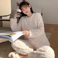 燠阳仙女暖暖套装秋冬保暖珊瑚绒上衣女家居懒人宽松大码休闲套装 提花暖暖套装-米白色 均码【90-150斤】