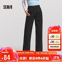 森马（Semir）森柔牛仔|牛仔裤女个性刺绣遮肉阔腿裤冬季抓绒长裤103723124001A L 牛仔水洗黑98201