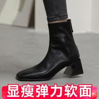 【好穿显瘦】气质方头粗跟短靴女2024秋冬加绒中跟弹力时装靴