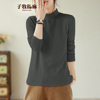 子牧棉麻 女韩版百搭内里磨毛打底衫上衣半高领内搭长袖小衫6603 烟灰色半高领(内里磨毛)  XXL(140-155斤)
