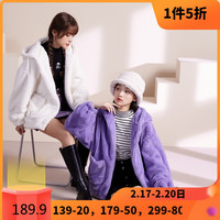 唐狮 TONLION秋冬外套女仿兔毛连帽加绒加厚冬季短款上衣韩版潮酷