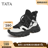 他她（TATA）厚底高帮鞋女透气黑色运动鞋女春秋款薄款WIB01AD2 黑白 35