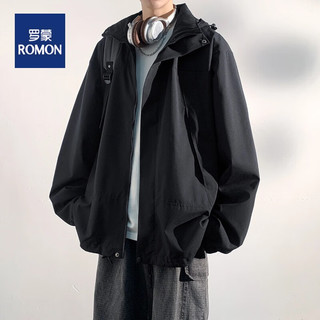 罗蒙(ROMON)冲锋衣男春秋款防风防水可拆卸帽工装夹克外套户外登山服 黑色 3XL