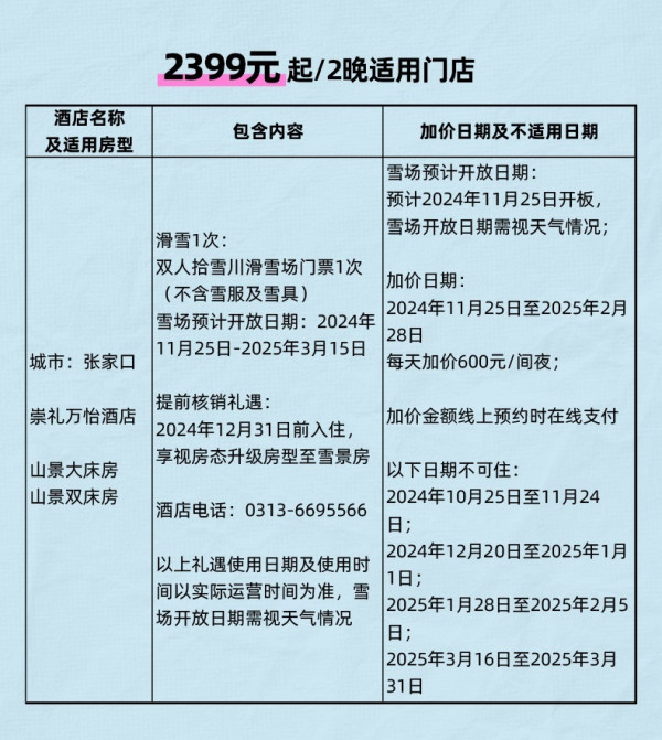 享滑雪/温泉，拿捏冬天的快乐！万豪酒店集团 北方4城5店2晚通兑套餐（含双早+滑雪/温泉体验+多重入住礼遇）