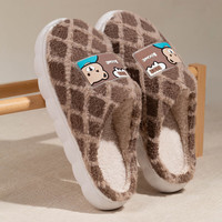 惠夫人秋冬季棉拖鞋女家用冬季室内防滑家居毛绒月子鞋冬天 方格熊 浅咖  42-43码(适合41-42码穿)