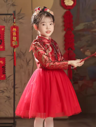 Deedu 帝姤公主 女童汉服冬季加厚拜年服唐装中国风红色喜庆女宝裙子儿童新年衣服