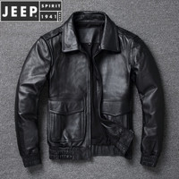 JEEP SPIRITa2飞行服真皮皮衣男纯头层牛皮翻领外套大码飞行员皮夹克 黑色 8XL