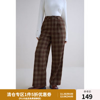 独束大码女装通勤复古格纹高腰直筒裤女冬微胖mm宽松休闲长裤 咖格 L