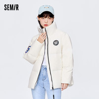 森马 Semir羽绒服女中长款白色立领宽松夜光厚外套字母炸街