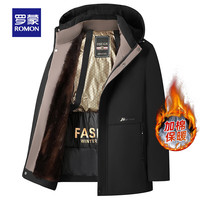 罗蒙(ROMON)男士连帽棉服中青年休闲时尚百搭保暖外套 黑金色 175