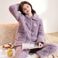 【可外穿 三层夹棉】冬季翻领开衫加绒加厚保暖家居服女睡衣套装
