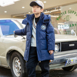 乔僖枫 儿童羽绒服男童2023年秋季新款洋气中大童中长款加厚迷彩童装外套 蓝色 130cm