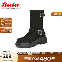 Bata 拔佳 时装靴女2024冬季牛剖皮通勤百搭粗跟中筒靴X12DDDZ4 黑色 38