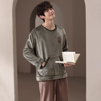 安之伴 睡衣男秋冬季圆领套头简约宽松版长袖长裤可外穿家居服套装 松绿色 XL