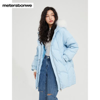美特斯邦威帽檐毛貉子甜美时尚中长款宽松舒适羽绒服女