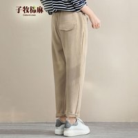 子牧棉麻 松紧腰拼接 米色 M 女士休闲裤