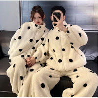 莎星悦男女珊瑚绒波点随机位置保暖家居服 波点拉链套装