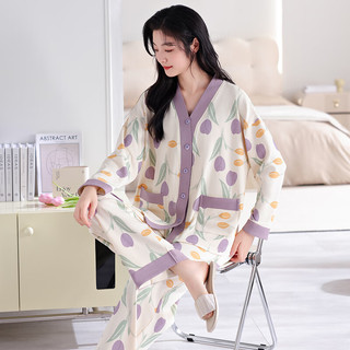 南极人女士睡衣女秋冬棉宽松可外穿长袖家居服字母熊郁金香紫L