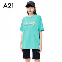 A21夏季时尚女装宽松圆领T恤衫国潮落肩休闲短袖上衣女 薄荷绿 L