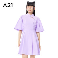 A21夏季女装泡泡短袖立领收腰连衣裙纯色简约旗袍国潮短连衣裙