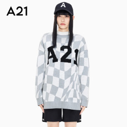 A21 秋季时尚女装减龄棋盘格毛衣女学院风上衣套头圆领针织衫 花灰 S