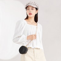 A21秋季女装复古风灯笼衬衣女法式文艺风方领长袖纯色衬衫 米白 M