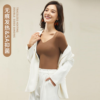 Glambody MAGIC NATURAL LINE秋冬玻尿酸美肤衣带胸垫无痕V领高弹隐形显瘦打底保暖女上衣3210 可可棕 XL【120-160斤】