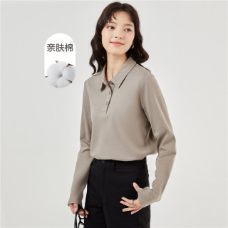 佐丹奴Polo衫女纯棉双面布纯色气质长袖翻领休闲上衣05312790 91 浮木卡其 M