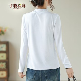 子牧棉麻 女韩版百搭打底衫内搭长袖薄款半高领螺纹T恤上衣8701 珍珠白半高领 XXL(140-155斤)