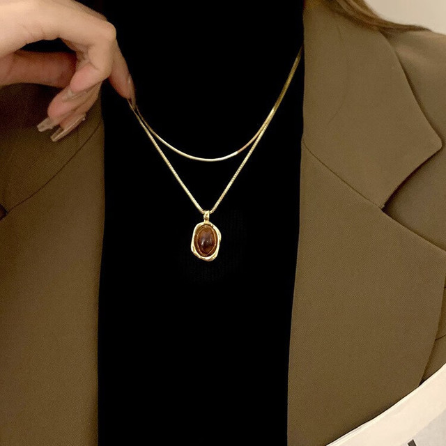 MOEFI 茉妃 复古琥珀金色毛衣链 虎眼石双层项链 10101084106825