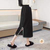 【高腰开叉丝绒半身裙】2024秋冬新女士钉珠镶边优雅中长裙