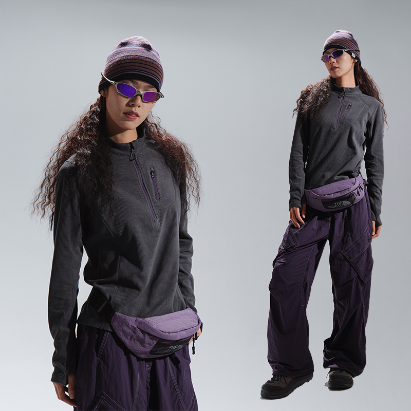 nothomme blue蓝岐户外运动方格加绒套头衫半拉链保暖长袖卫衣女