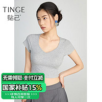 TINGE 贴己带胸垫短袖t恤女短款纯色紧身露脐白色打底可外穿上衣