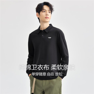 佐丹奴复古运动风Polo衫男24秋纯棉字母刺绣翻领长袖上衣13014604 L 09 标志黑