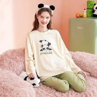 芬腾睡衣女士纯棉小熊猫早秋套头圆领落肩家居服套装Q9X24790122