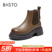 百思图冬商场加绒切尔西烟筒靴牛皮厚底女及踝短靴VDI19DD3 棕色绒里 39
