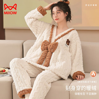 猫人女士睡衣女冬珊瑚绒加绒加厚V领套头蝴蝶结可外穿家居服女米色M