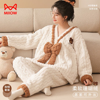 猫人女士睡衣女冬珊瑚绒加绒加厚V领套头蝴蝶结可外穿家居服女米色M